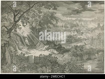 Paysage avec le Christ dans le Hof van Gethsémani, Jan van Londerseel, d'après David Vinckboons, 1580 - 1625 impression dans un vaste paysage, le Christ prie agenouillé sur le mont des oliviers et regarde le ciel où un ange est apparu dans une vision. Sur le sol derrière Christ, les trois disciples Pierre, Jacques et Jean dorment. Judas s'approche par la droite, suivi d'un groupe de soldats. Papier gravé la prière du Christ dans le jardin de Gethsémani pendant la nuit Banque D'Images