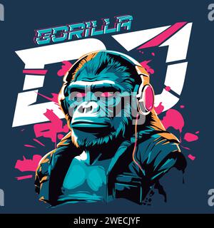 gorilla dj, animal électronique rave, gorille avec casque et casque illustration vectorielle pour la conception de t-shirt Illustration de Vecteur