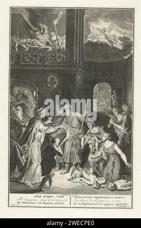 Mort du premier-né en Égypte, J. van Buysen, d'après Gerard Hoet (I), c. 1711 - c. 1720 imprimer Dieu punit les Égyptiens en tuant tous leurs premiers-nés. Un enfant mort peut être regretté dans chaque maison. Le fils Pharaon a également été tué. Juste au-dessus de l'ange de Dieu qui a apporté la mort sur l'Egypte. Illustration pour l'ancien Testament, Exod. 12 : 29-33. Sous le spectacle un titre en hébreu, anglais, allemand, latin, français et néerlandais. Amsterdam (peut-être) gravure sur papier / gravure la peste du premier-né : l'ange destructeur traverse la terre et tue chaque premier-né égyptien de l'homme et de l'animal Banque D'Images