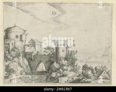 Paysage fluvial avec château, Jacques de Gheyn (II), d'après Pieter Bruegel (I), d'après Jacob Savery (I), 1598 imprimer Château sur la rivière en paysage montagneux. Château de gravure de papier des pays-Bas. rivière Banque D'Images