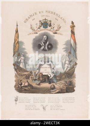 Allégorie à l'anniversaire des 25 ans du roi Guillaume III, le 12 mai 1874, Johannes Hermanus van der Heijden, 1846 - 1880 estampe le roi Guillaume III est représenté au milieu, flanqué de deux personnages avec un drapeau orange et néerlandais. En dessous de cela un monument avec la couronne, manteau d'hermine, un lion avec l'épée et des flèches et divers attributs qui se réfèrent à la guerre, au commerce, à la science et à la prospérité. En dessous de cela un poème. Imprimeur : Netherlandsprinter : Dordrechtpublisher : Dordrecht Paper Remebration, Jubilee. gouvernement national. bêtes de proie, animaux prédateurs : lion (+ animaux utilisés symboliquement) Banque D'Images