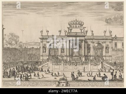 Autel du Saint Sacrement, Stefano della Bella, c. 1648 impression à gauche une procession dans laquelle le Saint sacrement est porté sous un auvent, suivie par le jeune roi Louis XIV et sa mère Anne d'Autriche. La procession mène à un grand bâtiment avec trois arches, avec un autel sous l'arche centrale et au sommet d'une grande couronne portée par des anges. En plus de la structure, une foule de spectateurs agenouillés pour des tapisseries (aux tapisseries de Rafael au Vatican). Texte en français et armoiries dans la marge inférieure. Procession de gravure de papier  religion chrétienne. altar. les sacramentalités Banque D'Images