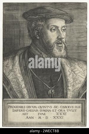 Portret Van Keizer Karel V, Barthel Beham, 1531 impression Portrait de l'empereur Charles V à l'âge de 31 ans avec légende latine sur son pouvoir. München gravure sur papier Banque D'Images