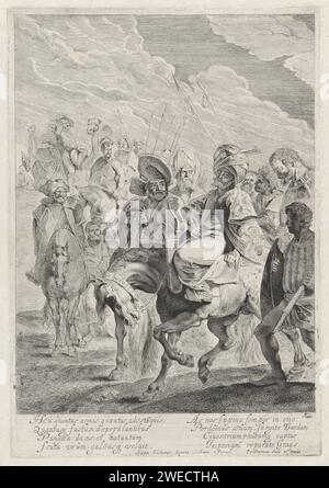 prince turc à cheval, Pieter Claesz. Soutman, d'après Peter Paul Rubens, d'après Adam Elsheimer, 1616 - 1657 imprimer un homme habillé oriental est assis sur un cheval. Pour lui sur le cheval un tube dans lequel il transporte son arc. Autour de lui son entourage, à pied et à cheval. En arrière-plan un homme et une femme sur un chameau. Sous la figure huit lignes de vers en latin. gravure sur papier / gravure animaux à sabots : chameau. Races et peuples asiatiques : Turcs Banque D'Images