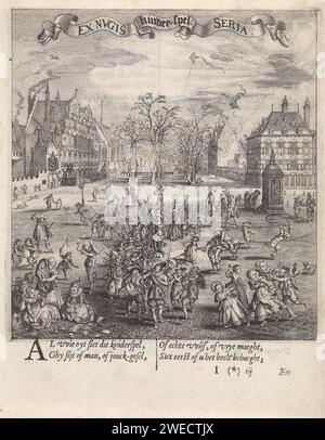 Jeux pour enfants à la Haye, Jan Hendriksz. Verstraelen, après Adriaen Pietersz van de Venne, 1625 imprimer les enfants travaillent sur différents jeux. Vue de Lange Voorhout, avec les maisons de la Kneuterdijk à la Haye sur la gauche. Middelburg papier gravure / gravure / typographie impression jeux et jeux pour enfants. (Jouer avec) jouets Kneuterdijk. Long Forest Banque D'Images