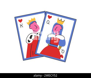 Carte à jouer avec le roi et la reine dans un style plat. Saint-Valentin doodle illustrations vectorielles isolées sur fond blanc Illustration de Vecteur