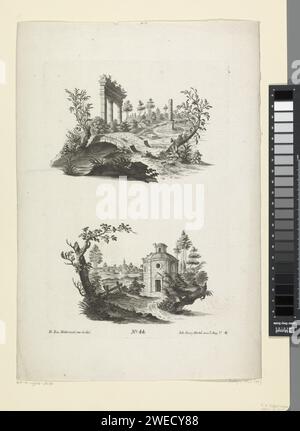 Landscreen met Breg Eyes, Emanel Eyel, d'après Frank Xaver Hervelman, 1731 - 1775 imprimer deux paysages décoratifs. Au-dessus d'un paysage avec des colonnes et un pont sur la rivière. Un bâtiment rond dans le paysage inférieur. Numéro de publication 44. Paysages gravés sur papier d'Augsbourg. colonne, pilier  architecture. architecture idéale et visionnaire Banque D'Images