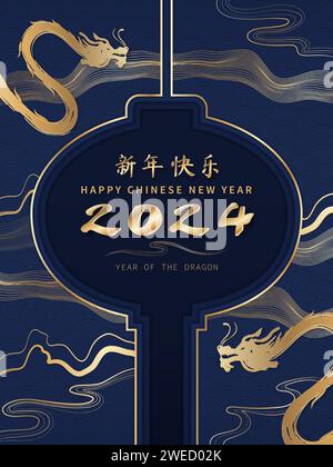 Nouvel an chinois 2024 année de l'affiche du dragon avec décoration de style oiriental sur fond bleu foncé, traduction en langue étrangère comme heureuse nouvelle yea Illustration de Vecteur