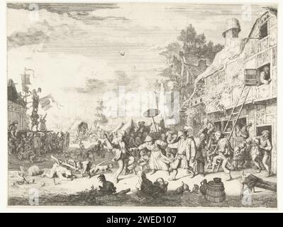 Grote Village Fair, Cornelis Dusart, 1685 impression contre-empreinte de la Grande impression la foire du village. Dans une Dorpsstraat, la danse et la musique sont faites pour une auberge où la boisson coule abondamment. Les acrobates montrent leurs compétences sur scène et les porcs et les poulets errent à la recherche de nourriture entre les villageois qui font la fête. papier contreproof / contreproof performance en plein air (salon du plaisir) Banque D'Images