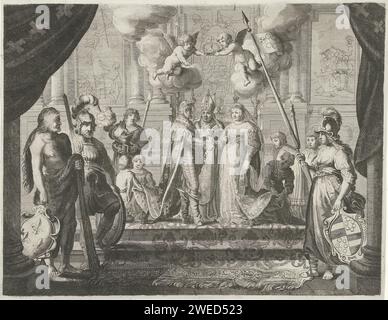 Mariage du roi Henri IV de France avec Marie de Médicis, Pieter Nolpe, d'après Claes Moeyaert, 1638 imprimer le mariage d'Henri IV avec Marie de Médicis, 17 décembre 1600. Au premier plan Hercule, Mars et Minerve. Présentation utilisée sur la porte triomphale sur la place du Dam. Planche 3 des illustrations dans la description des festivités autour de la visite de Maria de 'Medici à Amsterdam du 31 août au 5 septembre 1638. Amsterdam papier gravure / gravure entrée Triummphal et réception publique, concours, 'entrée solennelle', 'entrée joyeuse'. Injustment le couple marié. (Civil) cérémonies Marr Banque D'Images