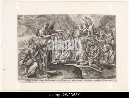 Première vision d'Esdras : le fils de Dieu couronne la foule, Anonyme, d'après Maerten de vos, 1585 imprimer Esdras est au premier plan à droite et est pointé par un ange pour une vision. Esdras voit le fils de Dieu sur le mont Sion, qui éloigne le peuple et honore ses branches de palmier. Sous la performance une référence en latin au texte de la Bible Apocryphe dans 4 Esdras 2. Anvers gravure sur papier d'autres scènes d'Ezra et Esdras Banque D'Images