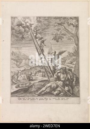 Jakobs Ladder, Raphaël Saddleer (I), d'après Maerten de vos, 1580 print Jakob dort contre une pierre et rêve d'une échelle qui atteint le ciel. Les anges montent et descendent l'échelle. Au sommet se trouve Dieu. La sixième gravure d'une série de neuf parties avec des scènes de l'ancien Testament. Cologne gravure sur papier / gravure le rêve de Jacob : en dormant sur le sol avec une pierre pour oreiller Jacob voit une échelle allant de la terre au ciel avec des anges qui montent et descendent ; généralement avec Dieu au sommet de l'échelle Banque D'Images