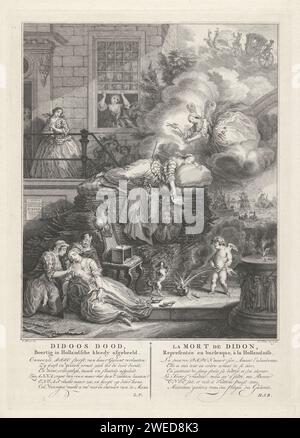 La mort de Dido, Simon Fokke, d'après Cornelis Troost, 1758 print Dido est mort sur un pieu de branches et d'articles ménagers. Au premier plan, une femme de chagrin est devenue malade. Derrière le bûcher, les femmes ont l’air choquées sur le trottoir devant une maison. L'affiche sur le trottoir à gauche du piquet montre que cette impression a été faite pour le jeu de deuil 'Didoos Dood' par Andries Pels. Sous le titre se trouve un texte en néerlandais et en français. Amsterdam papier gravure / brosse (histoire de) Dido - mort. tragédie Banque D'Images