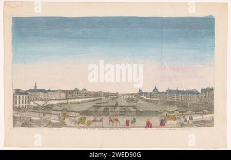 Vue du Pont neuf sur la Seine à Paris, vue vers le Pont Royal, Anonyme, 1700 - 1799 papier imprimé. aquarelle (peinture) gravure / pont de pinceau dans la ville à travers la rivière, canal, etc (+ city(-scape) avec chiffres, staffage). bateau à rames, canoë, etc. Statue équestre Seine. Nouveau pont. Pont royal Banque D'Images