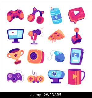 Ensemble d'illustration d'élément d'icône de vecteur de streamer de jeu dans la conception plate Illustration de Vecteur