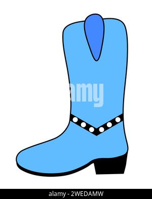 Botte de cow-girl bleu rétro tendance. Chaussure vintage Wild West cow-boy. Icône, autocollant, emblème, logo design. Illustration vectorielle à plat. Illustration de Vecteur