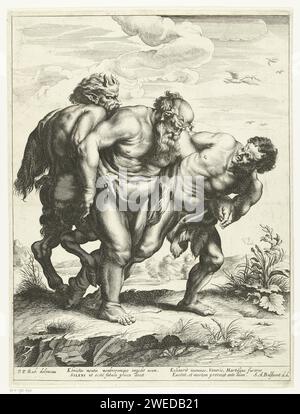 Les Saters soutiennent Drunken Silenus, Schelte Adamsz. Bolswert, d'après Peter Paul Rubens, 1596 - 1659 print les saters soutiennent le Silène ivre. Sous le spectacle se trouve un verset en latin. Gravure sur papier / gravure (histoire de) Silenus Banque D'Images