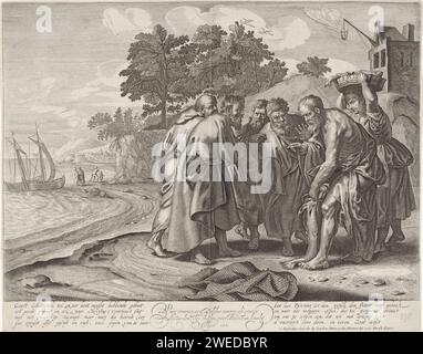 Pierre trouve une pièce de monnaie dans la bouche d'un poisson, Salomon Savery, d'après Peter Paul Rubens, 1689 - 1720 print Pierre trouve une pièce à quatre traces dans la bouche d'un poisson, avec laquelle il peut payer la taxe du temple. Amsterdam papier gravure / gravure Peter trouve un morceau d'argent dans la bouche d'un poisson et rend hommage au temple Banque D'Images