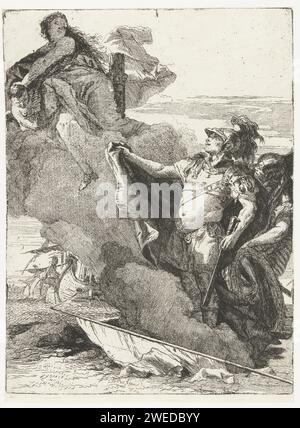 Vénus pointe Énée et Achates la route vers le palais de Didon, Giovanni Domenico Tiepolo, d'après Giovanni Battista Tiepolo, 1757 - 1760 estampe Énée et Achates ont été échoués à Carthago lorsque Vénus déguisée en des dunes apparaît et les pointe vers le palais de Didon. Gravure sur papier (histoire de) Aeneas. (Histoire de) Vénus (Aphrodite). La rencontre d'Énée et d'Achates avec Vénus, déguisée en cheffesse ; elle montre douze cygnes dans le ciel Banque D'Images