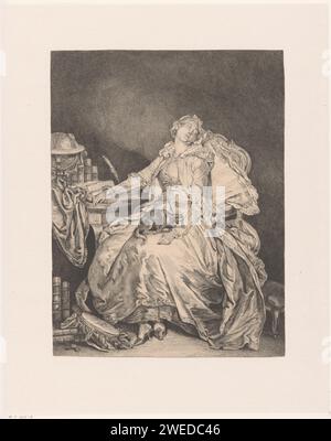 Femme endormie avec un chien sur ses genoux, Jean Michel Moreau, d'après Jean-Baptiste Greuze, 1751 - 1814 print Huisjapon Femme, dormant dans une chaise, reposant une main sur un livre ouvert sur la table à côté d'elle. Sur la table se trouve un globe terrestre, une pile de livres et un ressort d'écriture. Réservation sur ses pieds sur le sol et sur ses genoux est un chien. gravure de papier dormant dans une chaise. 'Philosophia' ; 'Filosofia' (Ripa). chien Banque D'Images