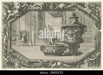 Bassin à Mobiele Waterfontein à cartouche, Jean Lepautre, c. 1657 - C. 1661 imprimer Fontaine d'eau en forme d'urne reposant sur quatre dauphins. D'une troisième édition. Imprimeur : France (possiblement)après propre conception par : France (possiblement)éditeur : Paris papier gravure Banque D'Images