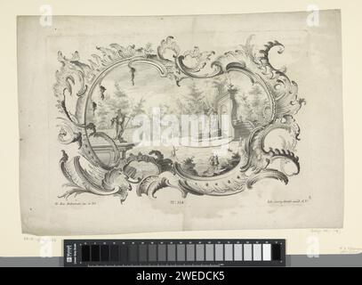 Landschap in Rocaille cartouche, Anonyme, d'après Franz Xaver Habermann, 1731 - 1775 print Figures dans un jardin avec une fontaine à droite. En cadre rocaille. Numéro de publication 114. Ornement de rocaille de gravure de papier d'Augsburg. fontaine de jardin Banque D'Images