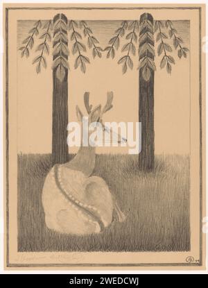 BARASINGHA HERT, Samuel Jessurun de Mesquita, 1916 impression cerfs couchés avec des points le long de la colonne vertébrale et deux arbres symétriques en arrière-plan. papier Banque D'Images