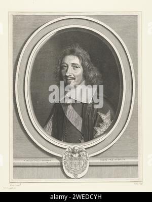 Portret van Michel le Tellier, Robert Nanteuil, 1658 tirage Portrait du chancelier Michel le Tellier, sur sa manche l'emblème de l'ordre du Saint-Esprit (Saint-Esprit). Un cadre ovale avec un blason en bas. Gravure sur papier France Banque D'Images