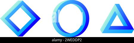 Jeu de formes impossible. Illusion d'optique cercle, carré, triangle. Collection de bandes mobius à gradient bleu. Formes géométriques irréelles abstraites. Éléments de conception de puzzle pour logo, icône, étiquette, étiquette. Vecteur Illustration de Vecteur
