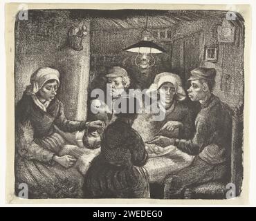 Les mangeurs de pommes de terre, Vincent van Gogh, version lithographique imprimée de 1885 de Van Gogh 'mangeurs de pommes de terre' : une famille paysanne autour d'une table, éclairée par une lampe à huile, mangeant des pommes de terre dans un bol. Repas en papier Nuenen (famille). agriculteurs Banque D'Images