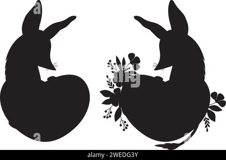 Collection de silhouette noire dessinant un bilby animal australien avec coeur et fleurs. Personnage émaillé Valentine. Dessin à la main vectoriel isolé Illustration de Vecteur