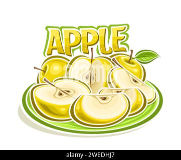 Logo vectoriel pour pomme jaune, affiche horizontale décorative avec illustration de contour de la composition de pomme avec des feuilles vertes, dessin animé fruité pri Illustration de Vecteur