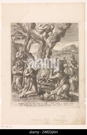 Offre de Noé après le déluge, Raphaël Sadeler (I), d'après Maerten de vos, 1570 - 1632 print après le déluge, Noé et sa famille sacrifient un taureau sur un autel. Dieu approuve le sacrifice et apparaît dans le ciel. La quatrième gravure d'une série de neuf parties avec des scènes de l'ancien Testament. Papier inconnu gravant le sacrifice de Noé ; divers animaux sont offerts, peut-être un agneau, une colombe et un bélier (souvent combinés avec l'arc-en-ciel de l'alliance). Dieu le Père comme vieil homme barbu, généralement avec couronne ou tiare ou sceptre et/ou globe Banque D'Images