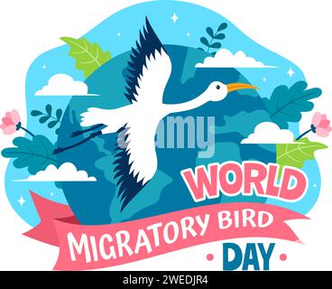 Journée mondiale des oiseaux migrateurs Illustration vectorielle avec des groupes de migrations d'oiseaux et leurs habitats pour les écosystèmes aquatiques vivants dans le fond plat de dessin animé Illustration de Vecteur