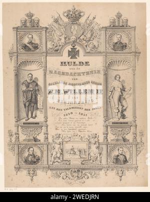 Rappel des fêtes folkloriques en 1830 et 1831 et du roi Willem II, Johan Nicolaas Huys (II), d'après Gerrit Eduard Meijer, 1856 estampe en haut, et profil, le portrait du roi Willem II entouré d'armes, fleurit la couronne et la croix de métal 1830-1831. Les personnes suivantes sont représentées dans le bord ornemental : le général Baron chassé, le lieutenant général de Geen, Willem van Oranje, le prince Frederik Hendrik van Oranje et les héros de la mer Jan Coenraad Koopman et Jan van Speijk. Au milieu d'une scène avec le roi Willem II à cheval pour son armée, une référence à la fin de la Révolution belge Banque D'Images