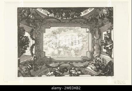 Trompe -l'oeil plafond avec performance mythologique, Anonyme, Daniël Marot (I), après 1703 - avant 1800 plafond imprimé avec pièce maîtresse rectangulaire avec une représentation mythologique soutenue par des termes. Les côtés longs soutenus par deux arches. Des consoles avec un masque et un vase peuvent être vues dans les coins. Copie passée à imprimer à partir de séries avec plafonds conçus et publiés par Daniel Marot. Pays-Bas (peut-être) gravure sur papier Banque D'Images