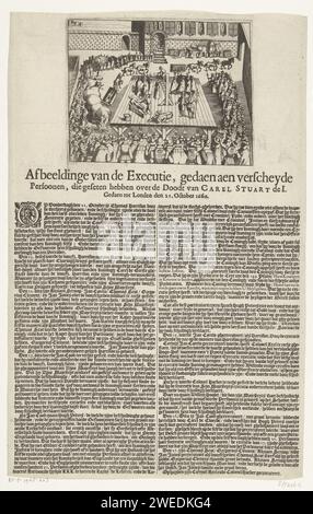 Reconnu coupable de la mort de Charles Ier, 1660, Anonyme, 1660 imprimer exécution sur l'échafaud de plusieurs personnes reconnues coupables de la décapitation du roi Charles Ier en 1649, à Londres le 21 octobre 1660. Sur le magazine sous la plaque une description en 2 colonnes en néerlandais, les exécutions de ce sont mentionnées, entre autres, Jan Carew (octobre 25) Jan Cook (octobre 26) et Thomas Scot (octobre 27). Nord des pays-Bas gravure sur papier / typographie droit et jurisprudence (+ exécution). Sur l'échafaudage ou lieu d'exécution Londres Banque D'Images