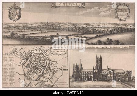 Carte et vue de Canterbury et cathédrale de Canterbury, Venceslas Hollar, d'après Thomas Johnson (17e siècle), 1671 - 1676 imprimer l'impression se compose de trois parties. Une vue de la ville et ses environs depuis le nord vue en quelques mots. En haut à droite du cartouche avec le devoir en anglais et en haut à gauche un blason. En bas à gauche, la carte de la ville avec des bâtiments en perspective sommaire, avec un cadre à gauche avec la légende en anglais, échelle et boussole. Ci-dessous une représentation de la cathédrale de Canterbury (Christ Church) vue du sud. Gravure sur papier de Londres Banque D'Images