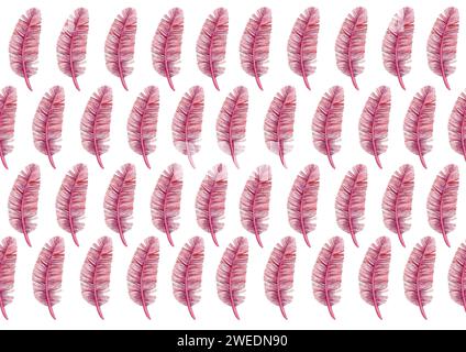 Motif de plumes roses stylisées sur fond blanc. Disposés en damier. Fines lignes et points délicats. Différentes nuances de rose et de violet. Aquarelle. Banque D'Images
