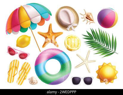 Conception d'ensemble vectoriel d'éléments d'été. Collection d'éléments de plage d'été comme parapluie, chapeau, ballon de plage, coquillages, flipflop et décoration de lunettes de soleil Illustration de Vecteur