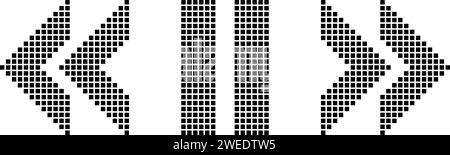 Les flèches de pixels noirs des boutons de rembobinage, de pause et d'avance sont placées sur un fond blanc. Le joueur se déplace ou s'arrête dans les jeux vidéo rétro. Ancien Illustration de Vecteur