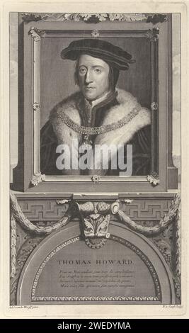 Portrait de Thomas Howard, comte de Norfolk, Pieter van Gunst, d'après Adriaen van der Werff, c. 1669 - 1731 estampe Thomas Howard, comte de Norfolk et président du Conseil royal d'Angleterre pendant le règne d'Henri VIII L'estampe a un poème français sur sa relation avec Hendrik VIII comme légende. Amsterdam gravure / gravure sur papier Banque D'Images