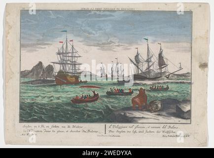 Vue de la recherche des baleines, Georg Balthasar Probst, d'après Adolf van der Laan, d'après Sieuwert van der Meulen, 1742 - 1801 impression sur l'eau entre les banquises sont des navires et des voiles un certain nombre de bateaux à rames à partir desquels les baleines sont chassées. Au premier plan sur la droite deux ours polaires. Numéroté en haut à droite : 57. Numéroté en bas à gauche : 3. Editeur : Augsburgprint Maker : Germany Paper. aquarelle (peinture) gravure / brosse mer (paysage marin) (+ paysage avec figures, personnel). pêche à la baleine, chasse à la baleine. bêtes de proie, animaux prédateurs : ours polaire. bateau à rames, canoë, etc. voilier, Banque D'Images