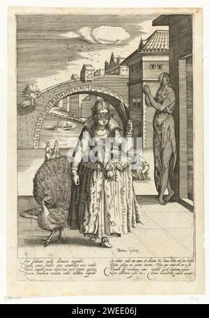Élégante dame avec paon, Gillis van Breen, d'après Anonymous, c. 1595 - c. 1610 imprimer une élégante dame habillée avec un éventail dans sa main et un masque sur sa tête se promène sur un carré. Un paon, symbole de vanité, à côté de lui. Sur un coin de rue se trouve une femme pauvre habillée, la personnification des humains négligés par l'homme. Impression à partir d'une série de quatre impressions sur le soin de l'homme pour le corps et ignorer l'âme. Chaque tirage avec une légende en latin, français et néerlandais. (La figure féminine est une copie de l'estampe 'Gallica in Vestitv Varietas' de la série d'estampes de costumes de Pieter de Jode à Seb Banque D'Images
