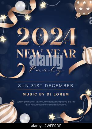 affiche ou couverture de fête du nouvel an 2024 avec des articles de décorarion dorés sur fond bleu foncé Illustration de Vecteur
