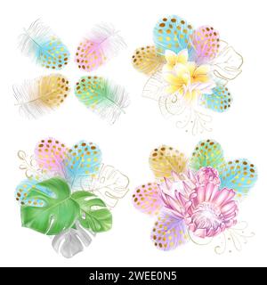 Un ensemble d'illustrations à l'aquarelle, des bouquets aux plumes colorées et frangipanier. protea rose. Fleurs et feuilles tropicales. Design hawaïen. exotique c Banque D'Images