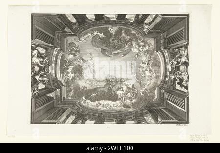 Trompe -l'oeil plafond avec performance mythologique, Anonyme, Daniël Marot (I), après 1703 - avant 1800 plafond d'impression avec pièce centrale rectangulaire aux côtés incurvés avec une représentation mythologique soutenue par des colonnes, pilastres et une corniche d'ordres doriques. Sur les côtés courts, des armoiries couronnées flanquées de deux figures. Copie passée à imprimer à partir de séries avec plafonds conçus et publiés par Daniel Marot. Pays-Bas (peut-être) gravure sur papier Banque D'Images