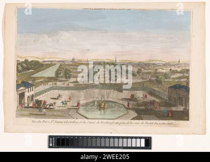 Vue du parc de Saint James's à Londres vue de Buckingham House, Anonymous, 1700 - 1799 imprimer à gauche le canal et au milieu le Mall. En arrière-plan Cathédrale Saint-Paul. papier. aquarelle (peinture) gravure / brosse jardins publics, parc (+ ville(-scape) avec figures, personnel). avenue, boulevard, promenade, esplanade (+ ville(-paysage) avec chiffres, personnel). canal. église (extérieur). palace St James's Park. Cathédrale Saint-Paul. Buckingham House. The Mall Banque D'Images