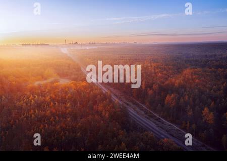 Chemin de fer traversant la forêt d'automne au lever du soleil. Paysage coloré avec route de chemin de fer, forêt dense et silhouette de la ville à l'horizon à fa Banque D'Images