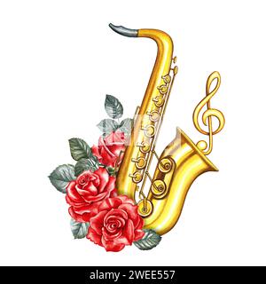 Un saxophone doré décoré de roses rouges et d'une clef aiguë. L'illustration de l'aquarelle est dessinée à la main. Pour affiches, dépliants et cartes. Pour les bannières a Banque D'Images